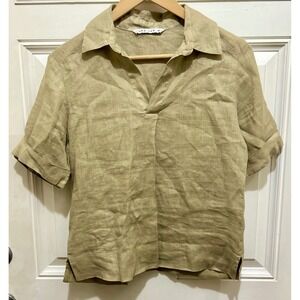 Luna Luz Women's Beige Linen V Neck Short‎ Sleeve Shirt Top Size XS